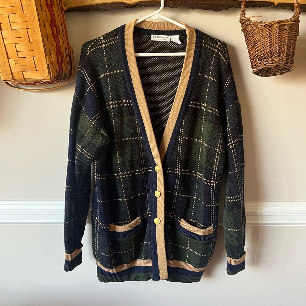 Vintage Liz Claiborne Collection Blackwatch Plaid Tartan Sweater Cardigan M